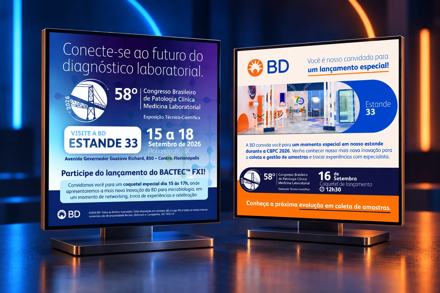 Mockup dos convites DS e SM da BD para o CBPC 2026, com iluminação azul e laranja